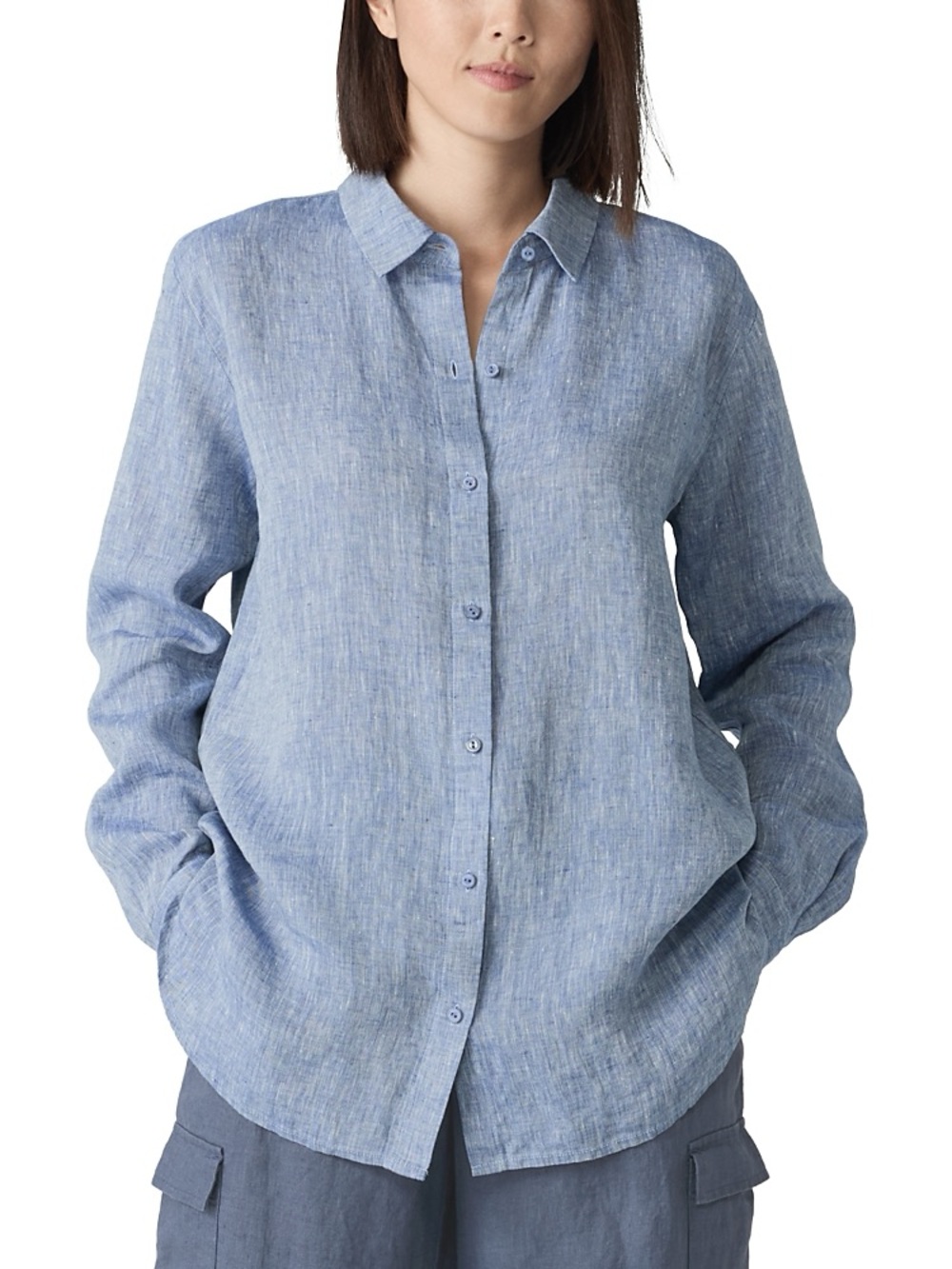 Eileen Fisher Organic Linen Button Front Shirt Blue Long Sleeve Collared Blouse